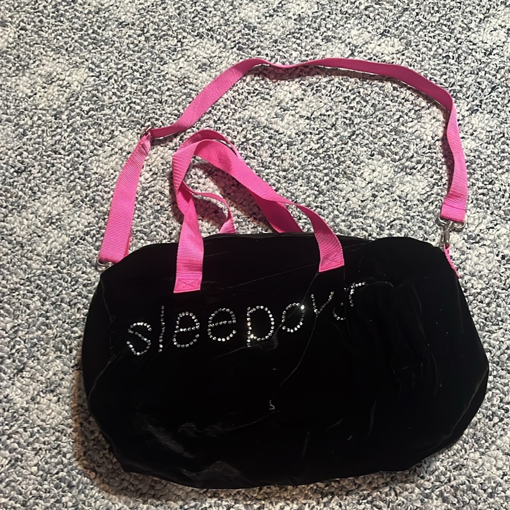 Brushed Velour Sleepover Duffle Bag with Rhinestone Letters and Pink Strap